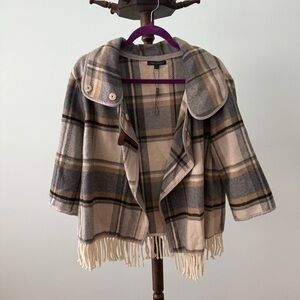 NWOT For Cynthia Plaid Fringe Jacket Coat L 3/4 Sleeve Buckle Snap Button Sz L